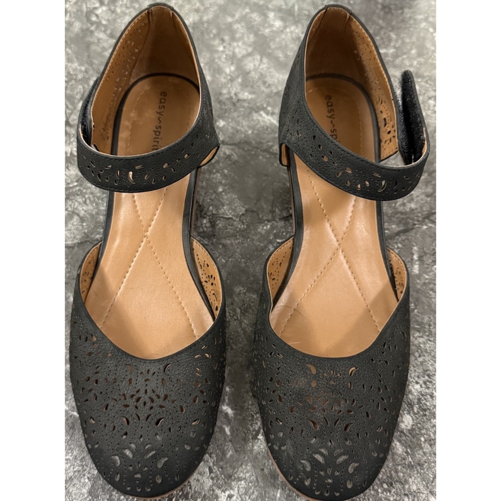Easy Spirit Cindie Black Leather Laser Cut Mary Jane Pumps Heels Womens 10M